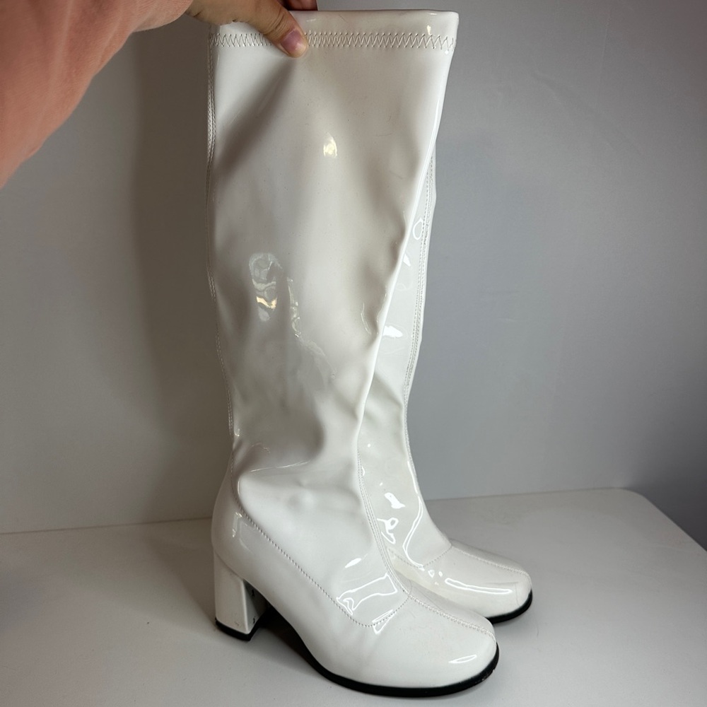 White GoGo Patent Leather Knee-High Boots